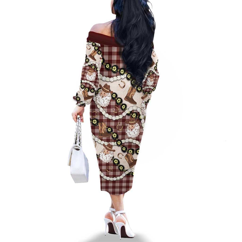 Cowboy Hawaii Mele Kalikimaka Family Matching Off The Shoulder Long Sleeve Dress and Hawaiian Shirt Paniolo Kukui Nut Pikake Lei Burgundy Version LT14 - Polynesian Pride