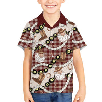 Cowboy Hawaii Mele Kalikimaka Family Matching Off The Shoulder Long Sleeve Dress and Hawaiian Shirt Paniolo Kukui Nut Pikake Lei Burgundy Version LT14 Son's Shirt Burgundy - Polynesian Pride