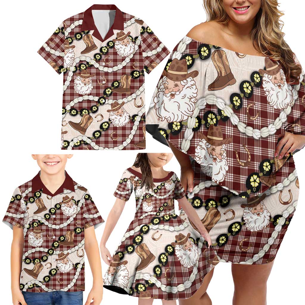Cowboy Hawaii Mele Kalikimaka Family Matching Off Shoulder Short Dress and Hawaiian Shirt Paniolo Kukui Nut Pikake Lei Burgundy Version - Polynesian Pride