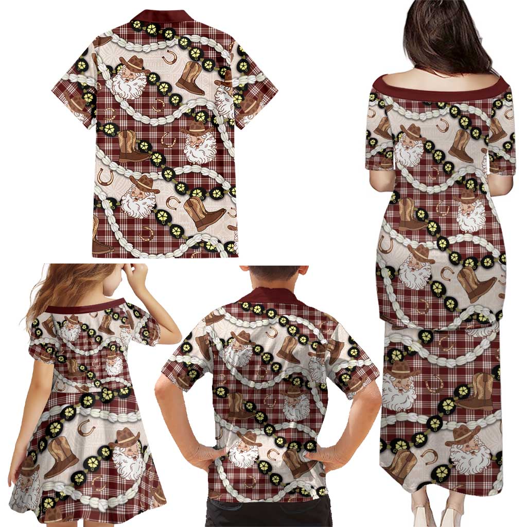 Cowboy Hawaii Mele Kalikimaka Family Matching Puletasi and Hawaiian Shirt Paniolo Kukui Nut Pikake Lei Burgundy Version LT14 - Polynesian Pride