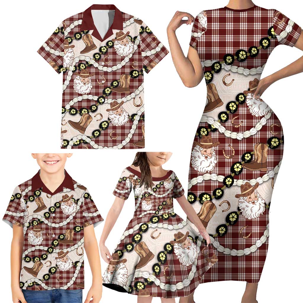Cowboy Hawaii Mele Kalikimaka Family Matching Short Sleeve Bodycon Dress and Hawaiian Shirt Paniolo Kukui Nut Pikake Lei Burgundy Version LT14 - Polynesian Pride