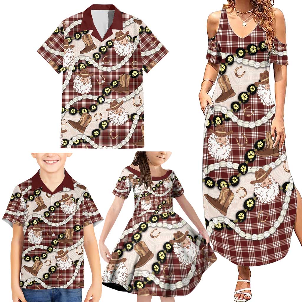 Cowboy Hawaii Mele Kalikimaka Family Matching Summer Maxi Dress and Hawaiian Shirt Paniolo Kukui Nut Pikake Lei Burgundy Version LT14 - Polynesian Pride