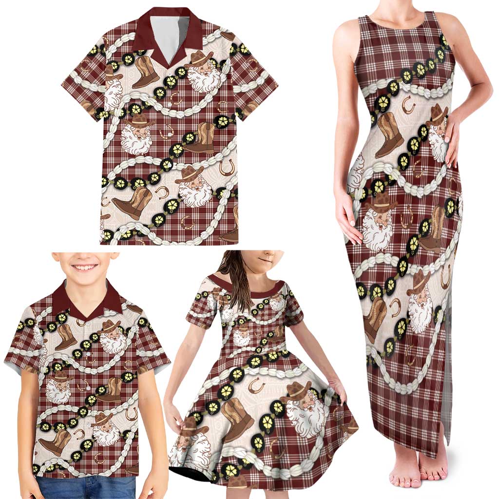Cowboy Hawaii Mele Kalikimaka Family Matching Tank Maxi Dress and Hawaiian Shirt Paniolo Kukui Nut Pikake Lei Burgundy Version - Polynesian Pride