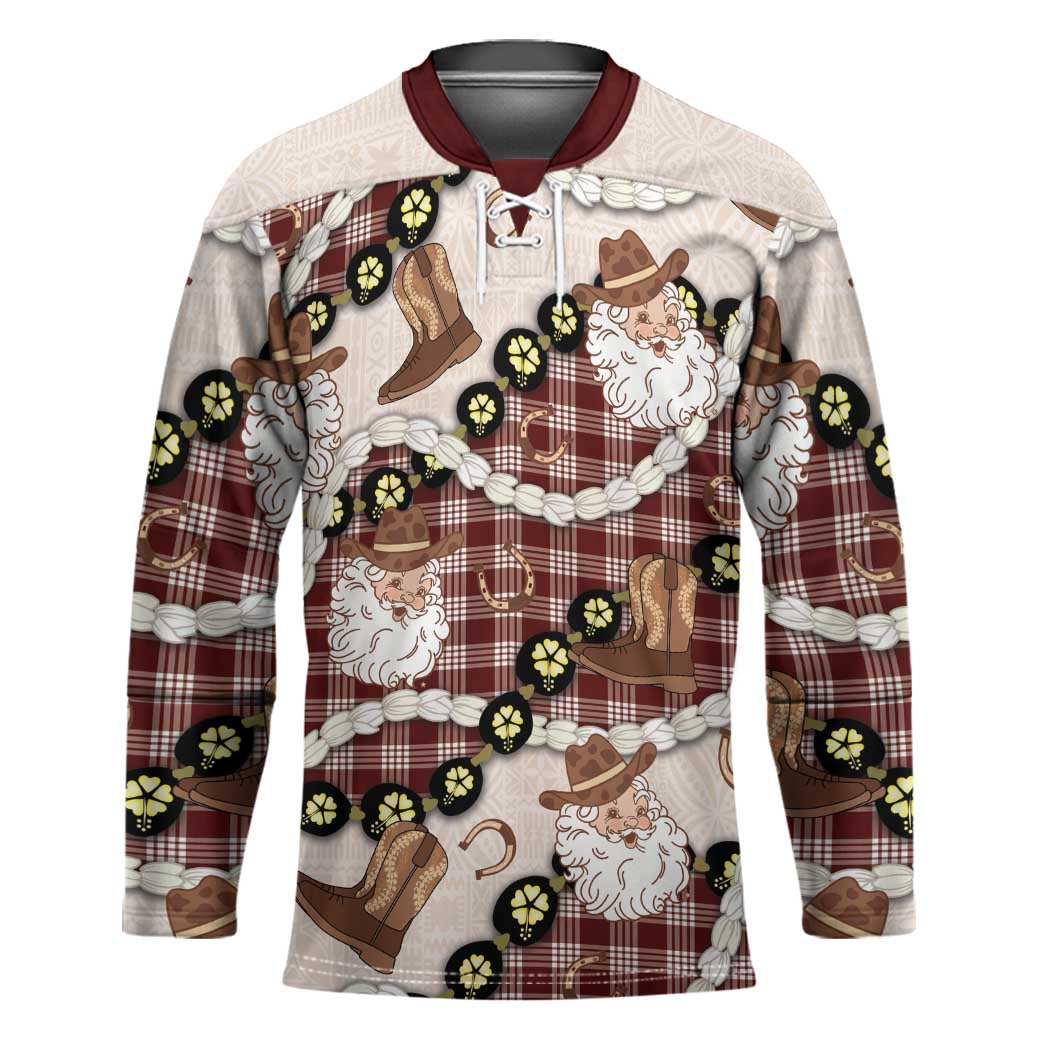 Cowboy Hawaii Mele Kalikimaka Hockey Jersey Paniolo Kukui Nut Pikake Lei Burgundy Version - Polynesian Pride