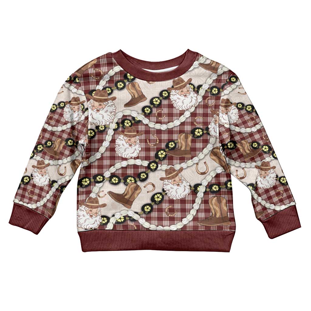 Cowboy Hawaii Mele Kalikimaka Kid Ugly Christmas Sweater Paniolo Kukui Nut Pikake Lei Burgundy Version LT14 Kid Burgundy - Polynesian Pride