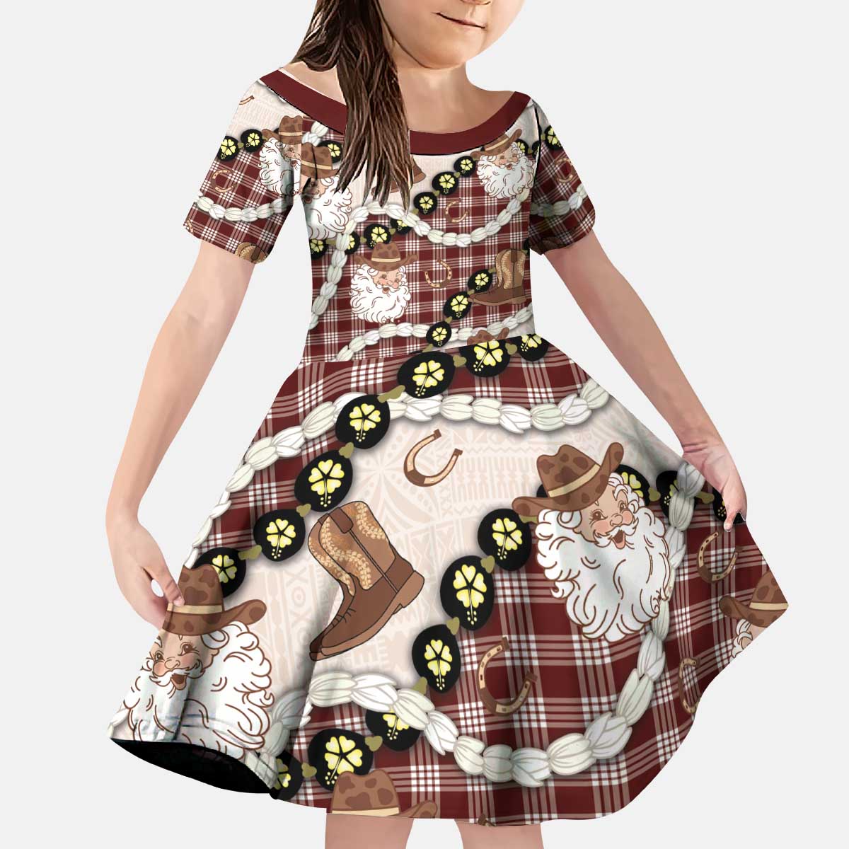 Cowboy Hawaii Mele Kalikimaka Kid Short Sleeve Dress Paniolo Kukui Nut Pikake Lei Burgundy Version - Polynesian Pride