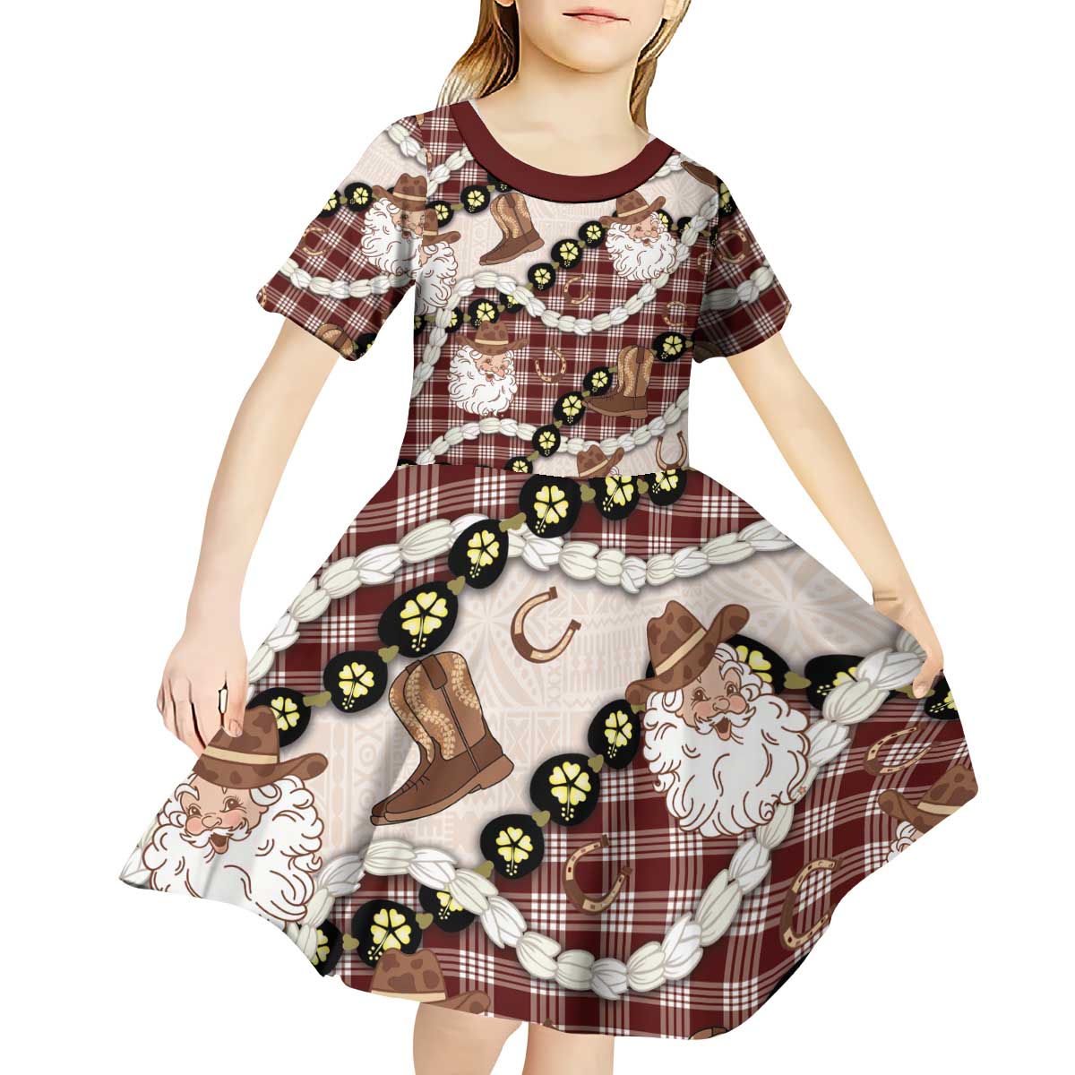 Cowboy Hawaii Mele Kalikimaka Kid Short Sleeve Dress Paniolo Kukui Nut Pikake Lei Burgundy Version LT14 - Polynesian Pride