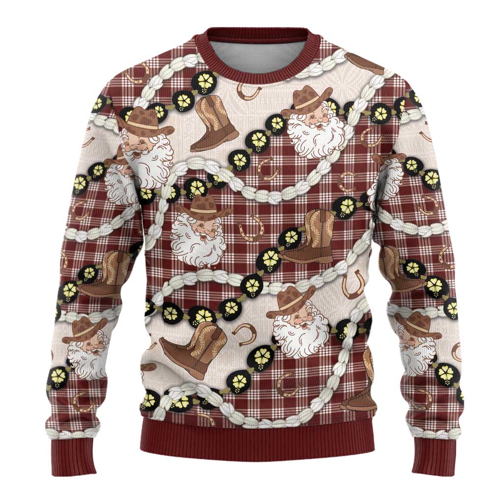 Cowboy Hawaii Mele Kalikimaka Ugly Christmas Sweater Paniolo Kukui Nut Pikake Lei Burgundy Version LT14 - Polynesian Pride
