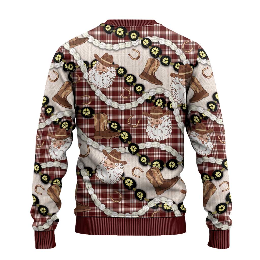 Cowboy Hawaii Mele Kalikimaka Ugly Christmas Sweater Paniolo Kukui Nut Pikake Lei Burgundy Version LT14 - Polynesian Pride