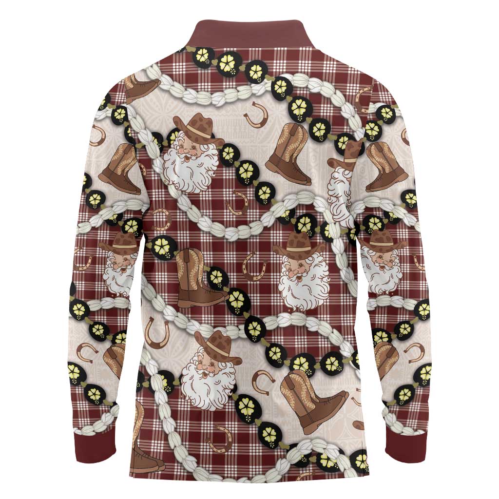 Cowboy Hawaii Mele Kalikimaka Long Sleeve Polo Shirt Paniolo Kukui Nut Pikake Lei Burgundy Version LT14 - Polynesian Pride