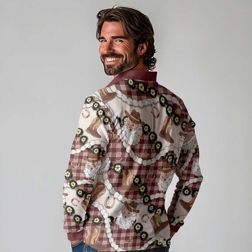 Cowboy Hawaii Mele Kalikimaka Long Sleeve Polo Shirt Paniolo Kukui Nut Pikake Lei Burgundy Version LT14 - Polynesian Pride