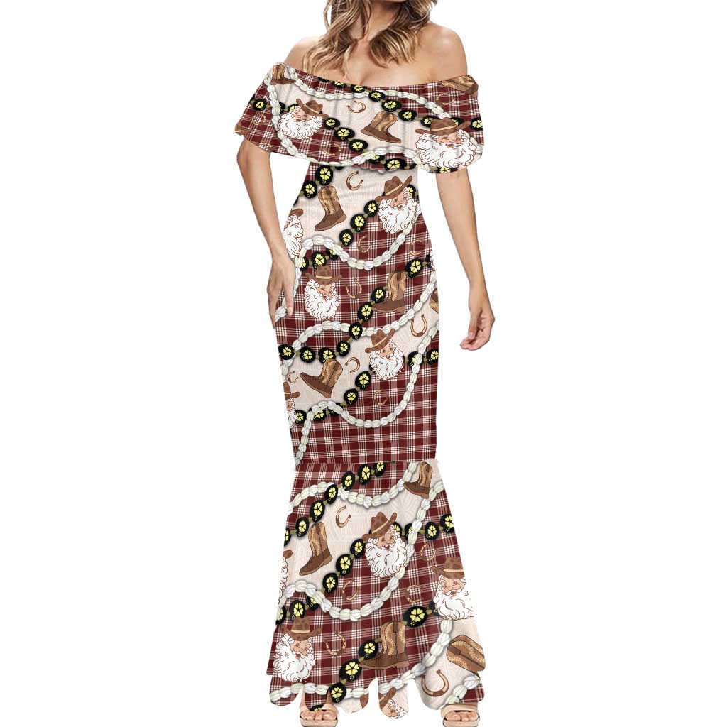 Cowboy Hawaii Mele Kalikimaka Mermaid Dress Paniolo Kukui Nut Pikake Lei Burgundy Version LT14 - Polynesian Pride