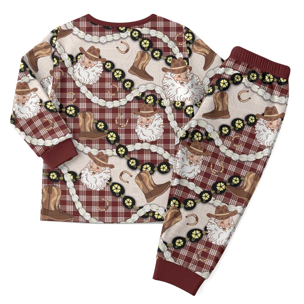 Cowboy Hawaii Mele Kalikimaka Christmas Pajama Set Paniolo Kukui Nut Pikake Lei Burgundy Version LT14 - Polynesian Pride
