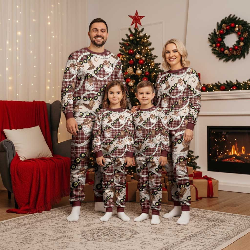 Cowboy Hawaii Mele Kalikimaka Christmas Pajama Set Paniolo Kukui Nut Pikake Lei Burgundy Version LT14 - Polynesian Pride