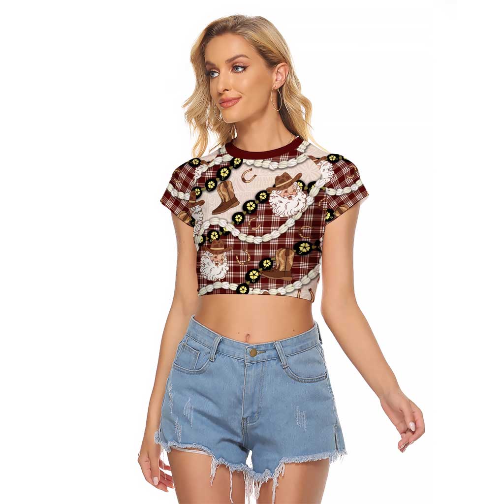 Cowboy Hawaii Mele Kalikimaka Raglan Cropped T Shirt Paniolo Kukui Nut Pikake Lei Burgundy Version LT14 Female Burgundy - Polynesian Pride