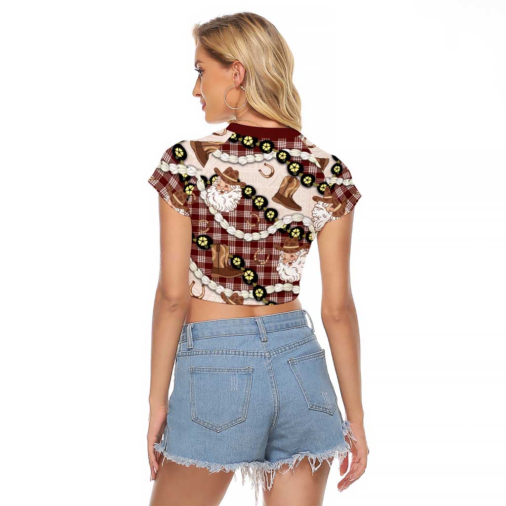 Cowboy Hawaii Mele Kalikimaka Raglan Cropped T Shirt Paniolo Kukui Nut Pikake Lei Burgundy Version LT14 - Polynesian Pride