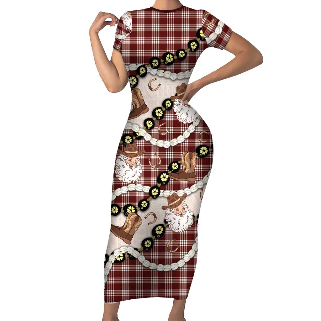 Cowboy Hawaii Mele Kalikimaka Short Sleeve Bodycon Dress Paniolo Kukui Nut Pikake Lei Burgundy Version LT14 Long Dress Burgundy - Polynesian Pride