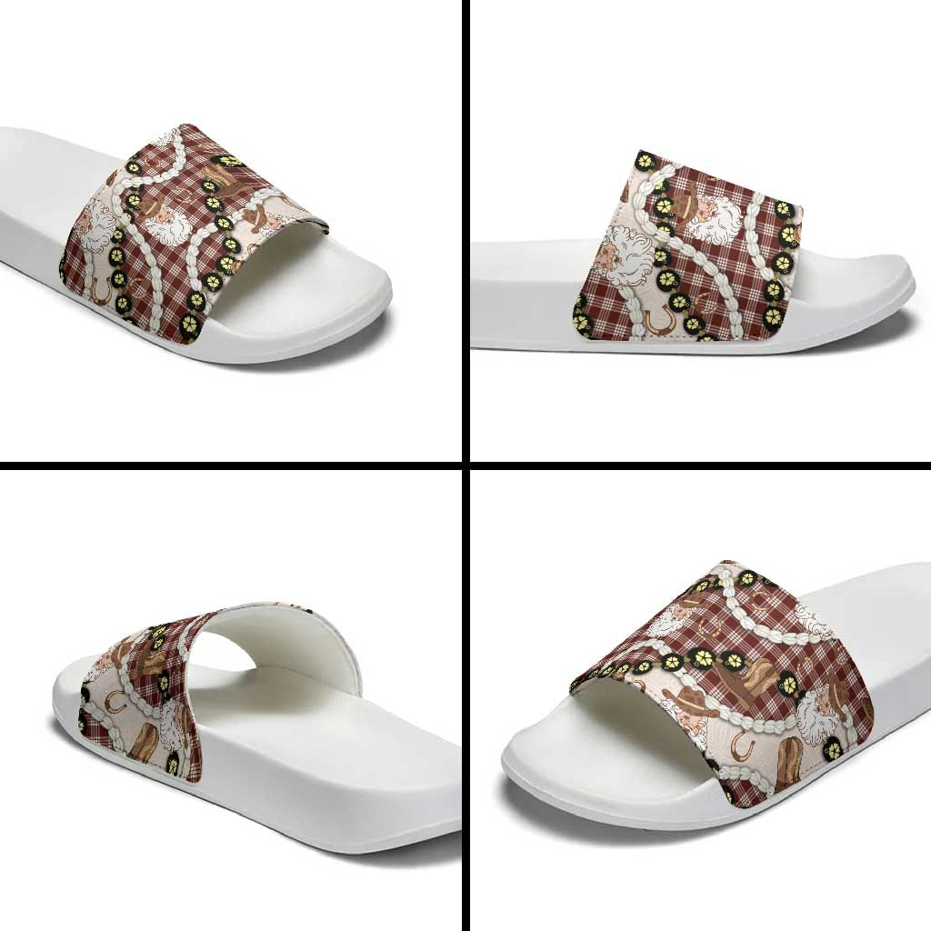 Cowboy Hawaii Mele Kalikimaka Slide Sandals Paniolo Kukui Nut Pikake Lei Burgundy Version - Polynesian Pride