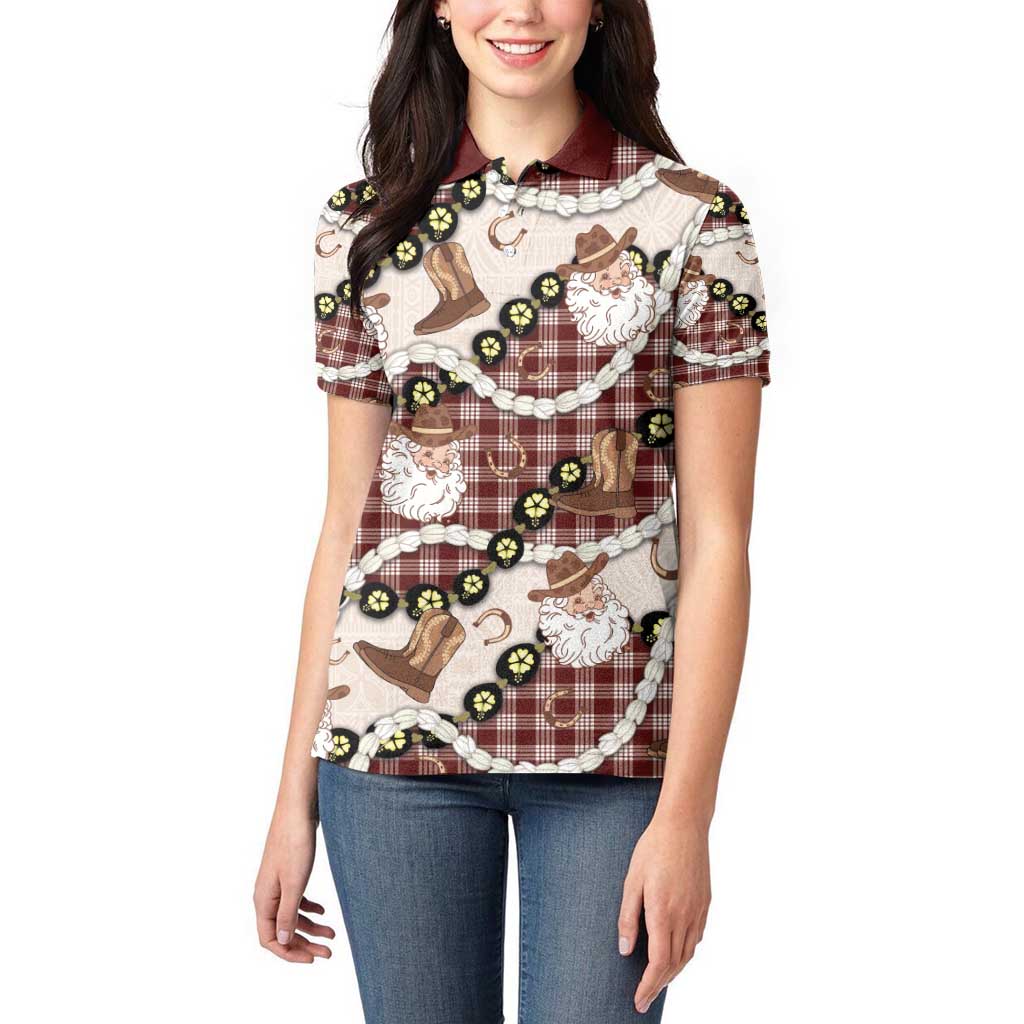 Cowboy Hawaii Mele Kalikimaka Women Polo Shirt Paniolo Kukui Nut Pikake Lei Burgundy Version - Polynesian Pride