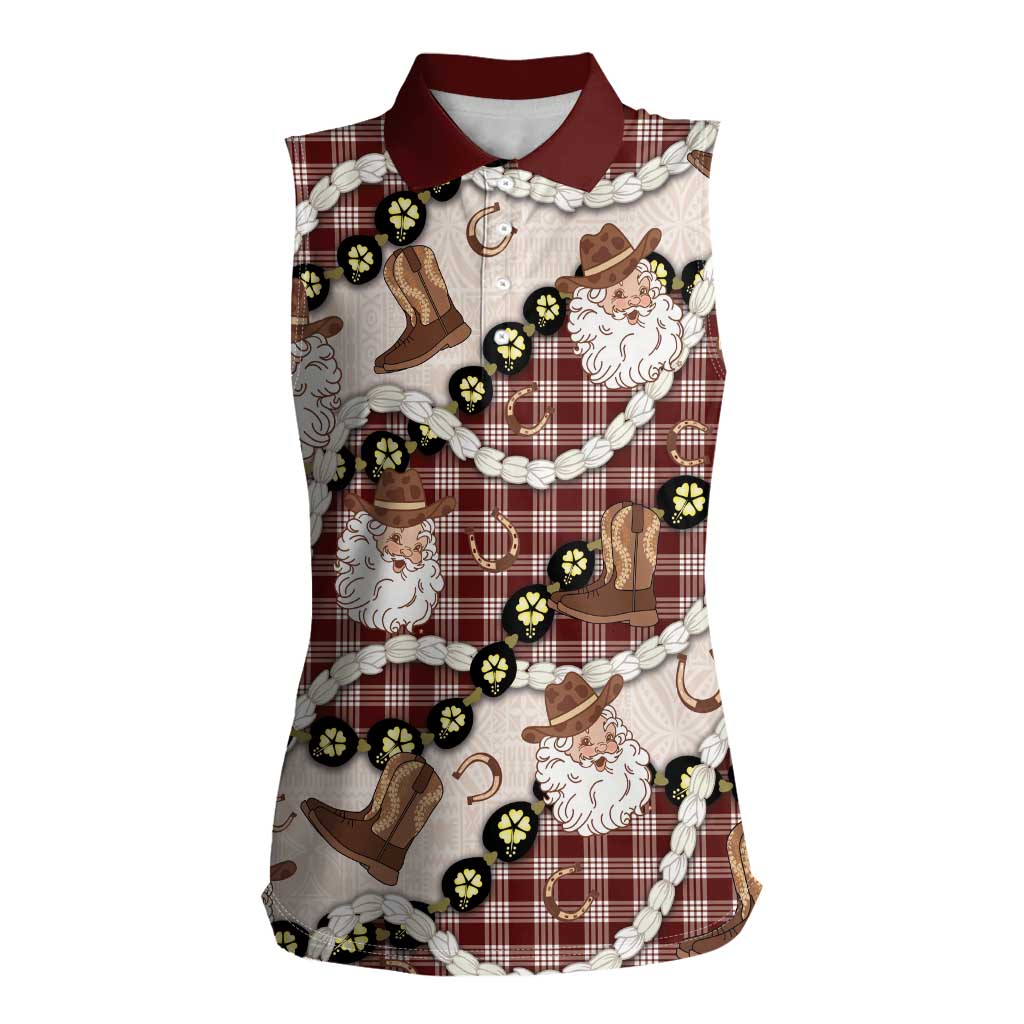 Cowboy Hawaii Mele Kalikimaka Women Sleeveless Polo Shirt Paniolo Kukui Nut Pikake Lei Burgundy Version LT14 Female Burgundy - Polynesian Pride
