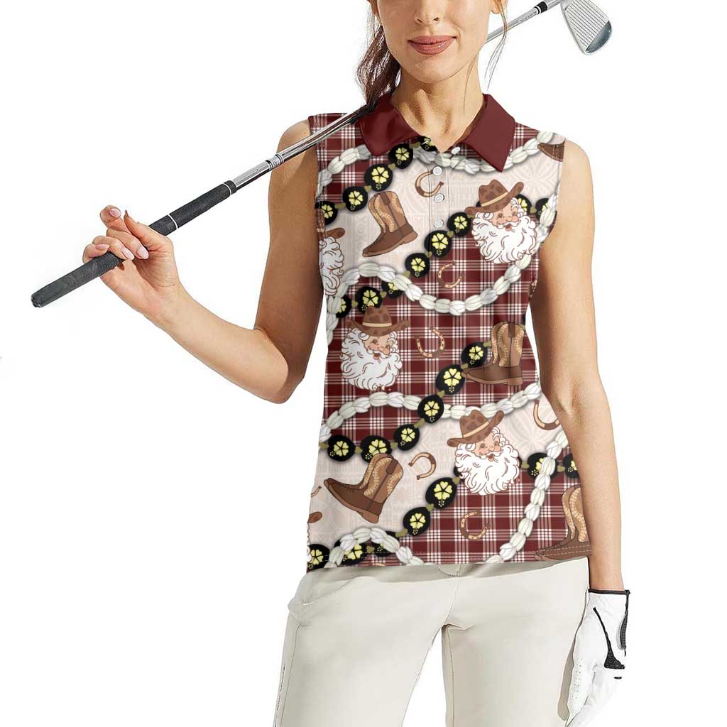 Cowboy Hawaii Mele Kalikimaka Women Sleeveless Polo Shirt Paniolo Kukui Nut Pikake Lei Burgundy Version LT14 - Polynesian Pride