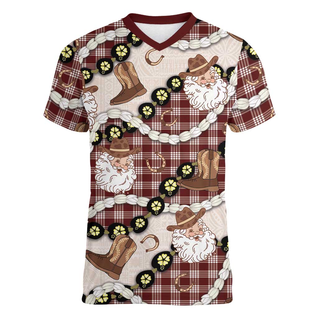 Cowboy Hawaii Mele Kalikimaka Women V-Neck T-Shirt Paniolo Kukui Nut Pikake Lei Burgundy Version - Polynesian Pride