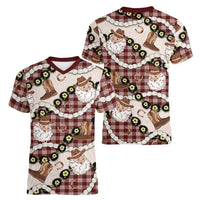 Cowboy Hawaii Mele Kalikimaka Women V-Neck T-Shirt Paniolo Kukui Nut Pikake Lei Burgundy Version LT14 - Polynesian Pride