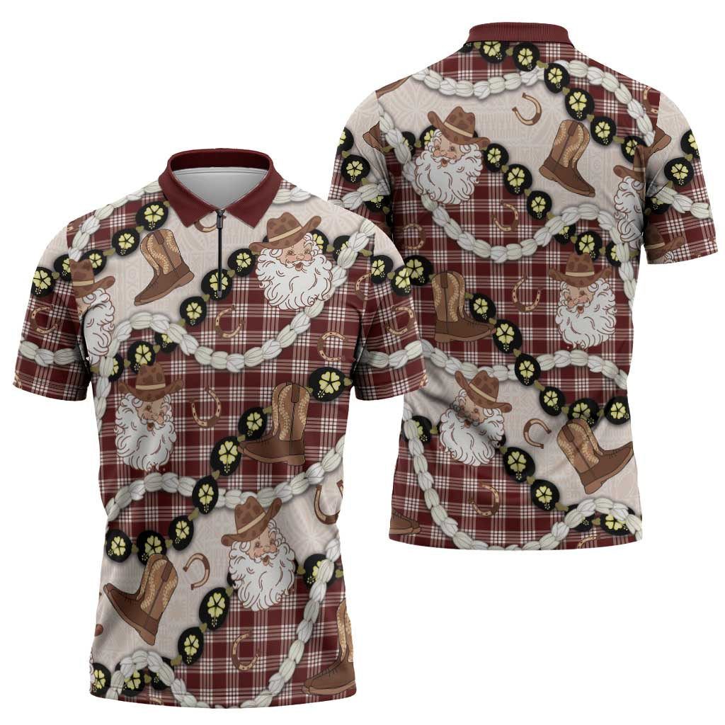 Cowboy Hawaii Mele Kalikimaka Zipper Polo Shirt Paniolo Kukui Nut Pikake Lei Burgundy Version LT14 - Polynesian Pride