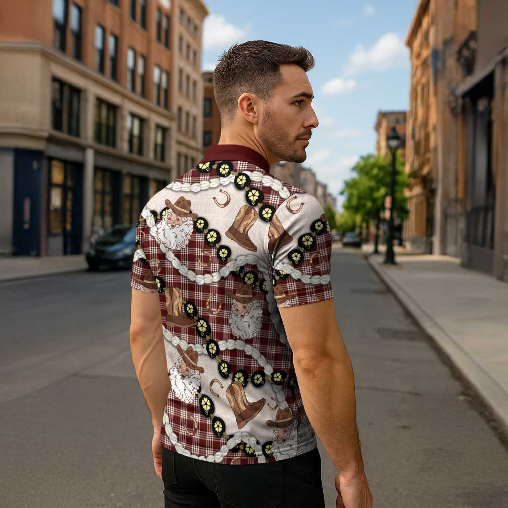Cowboy Hawaii Mele Kalikimaka Zipper Polo Shirt Paniolo Kukui Nut Pikake Lei Burgundy Version LT14 - Polynesian Pride