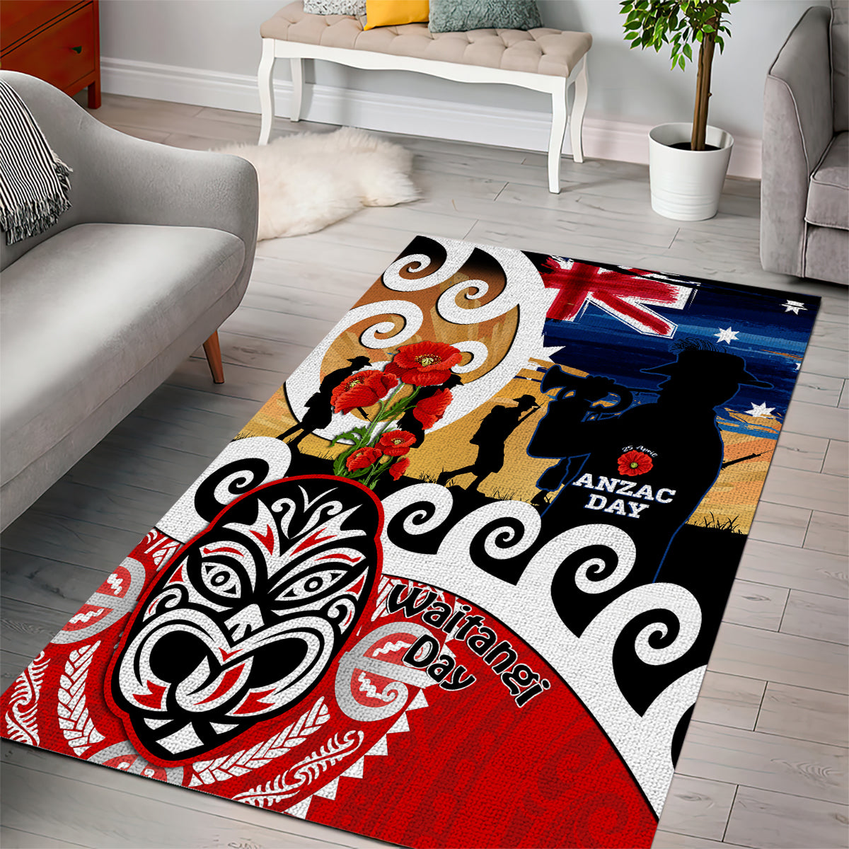 New Zealand Waitangi And ANZAC Day Area Rug Aotearoa Maori Tiki With Last Post LT14 - Polynesian Pride
