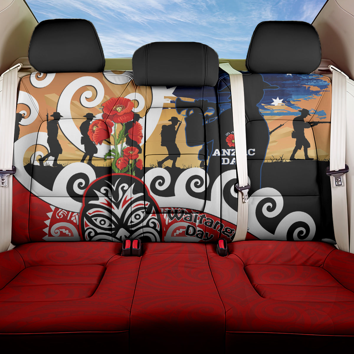 New Zealand Waitangi And ANZAC Day Back Car Seat Cover Aotearoa Maori Tiki With Last Post LT14 One Size Black - Polynesian Pride
