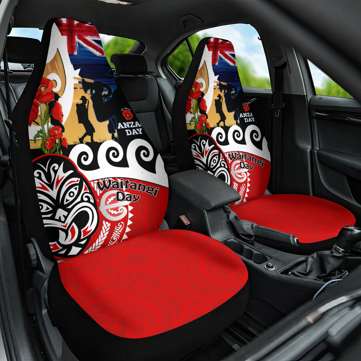New Zealand Waitangi And ANZAC Day Car Seat Cover Aotearoa Maori Tiki With Last Post LT14 One Size Black - Polynesian Pride