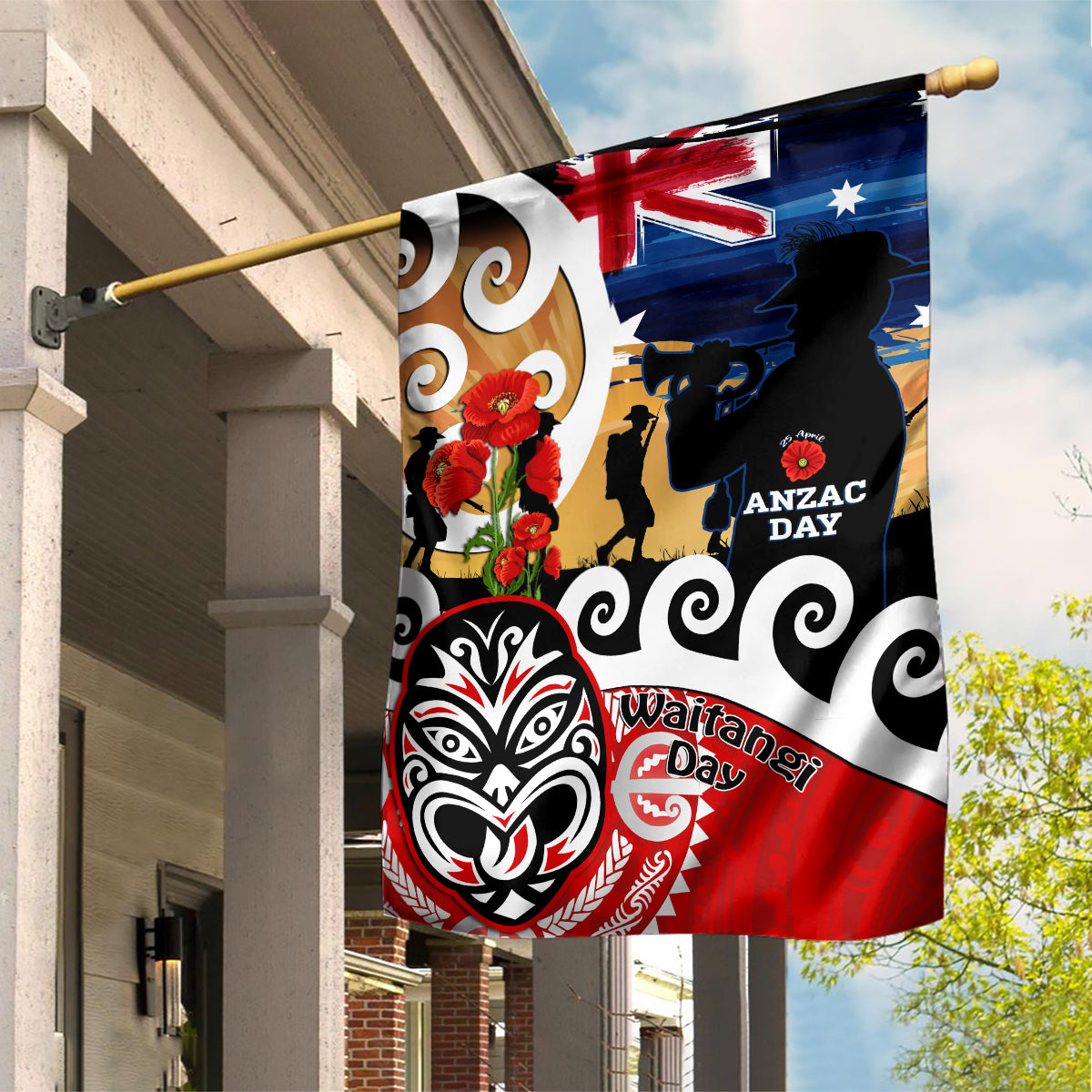 New Zealand Waitangi And ANZAC Day Garden Flag Aotearoa Maori Tiki With Last Post LT14 House Flag Black - Polynesian Pride
