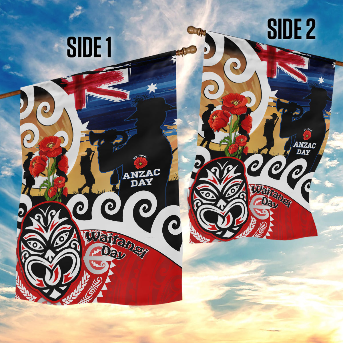 New Zealand Waitangi And ANZAC Day Garden Flag Aotearoa Maori Tiki With Last Post LT14 - Polynesian Pride