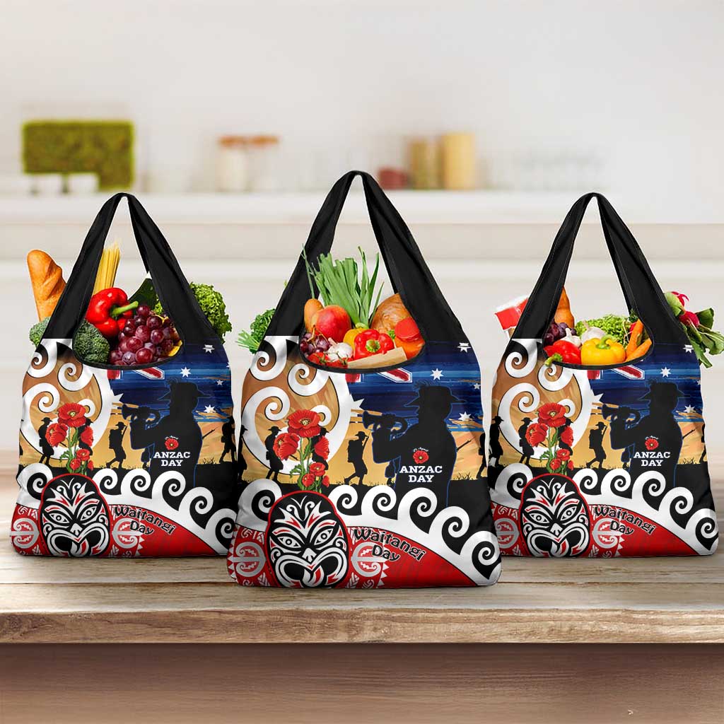 New Zealand Waitangi And ANZAC Day Grocery Bag Aotearoa Maori Tiki With Last Post LT14 3-pack One Size Black - Polynesian Pride