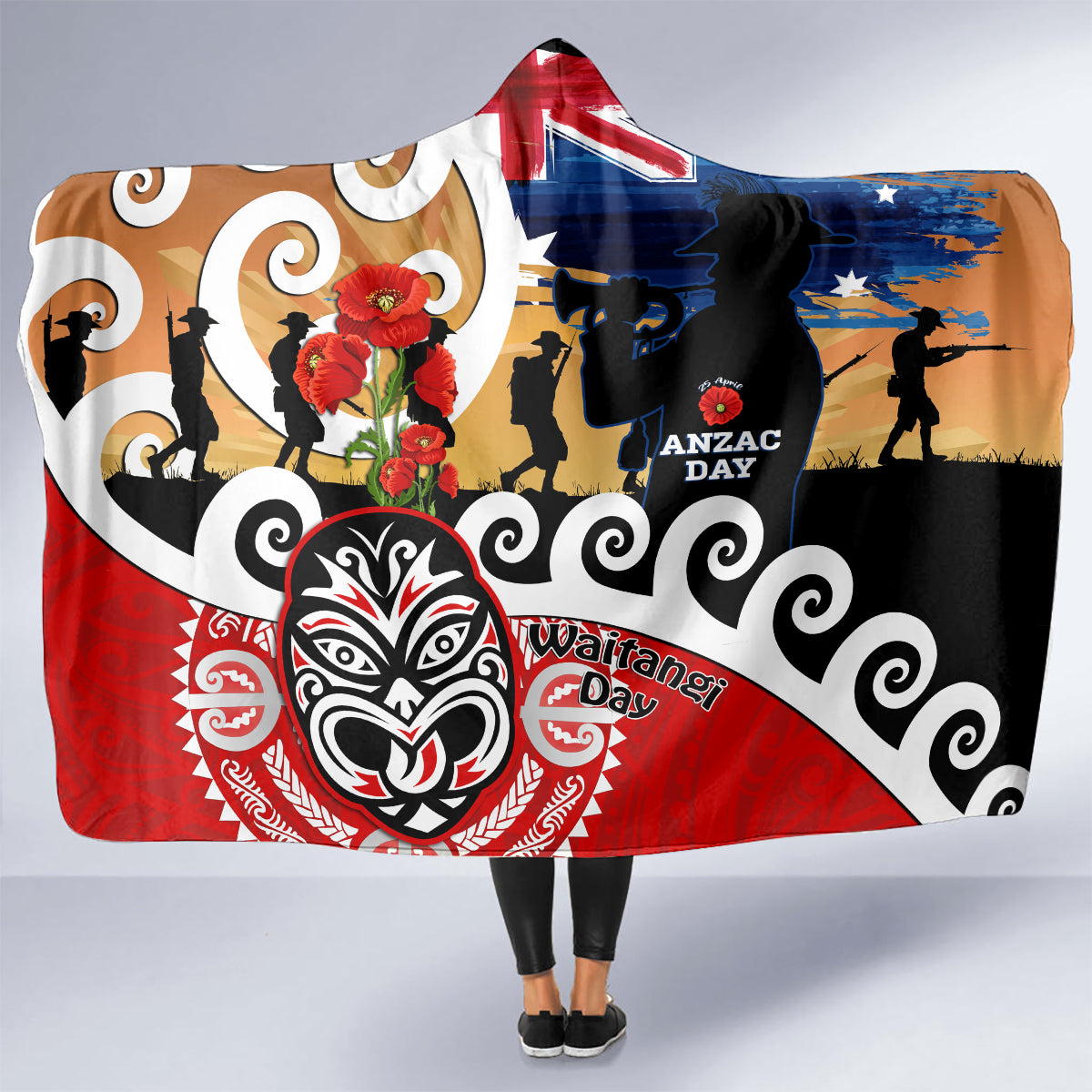 New Zealand Waitangi And ANZAC Day Hooded Blanket Aotearoa Maori Tiki With Last Post LT14 - Polynesian Pride