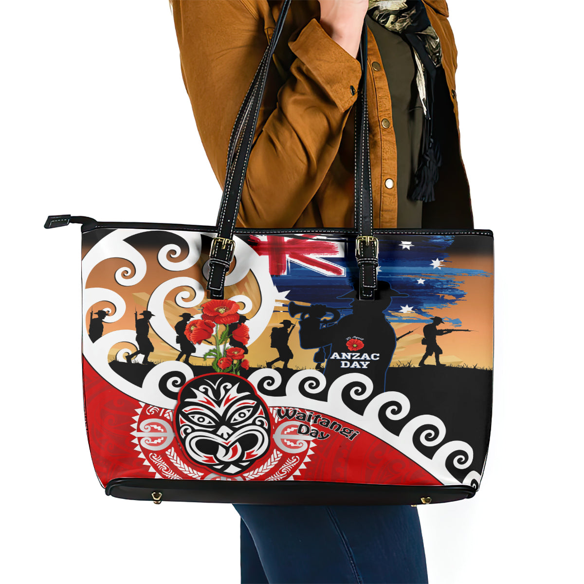 New Zealand Waitangi And ANZAC Day Leather Tote Bag Aotearoa Maori Tiki With Last Post LT14 - Polynesian Pride
