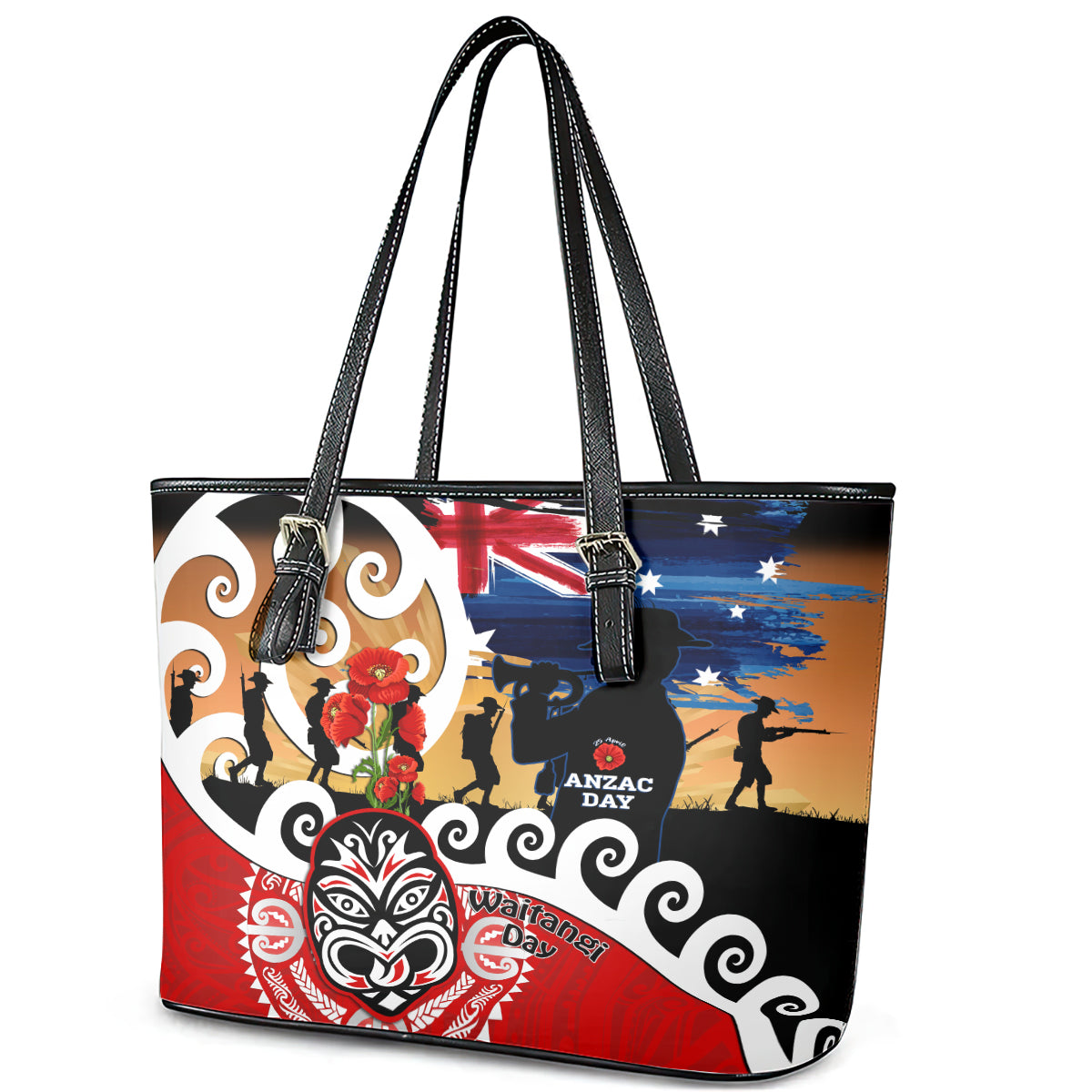New Zealand Waitangi And ANZAC Day Leather Tote Bag Aotearoa Maori Tiki With Last Post LT14 - Polynesian Pride