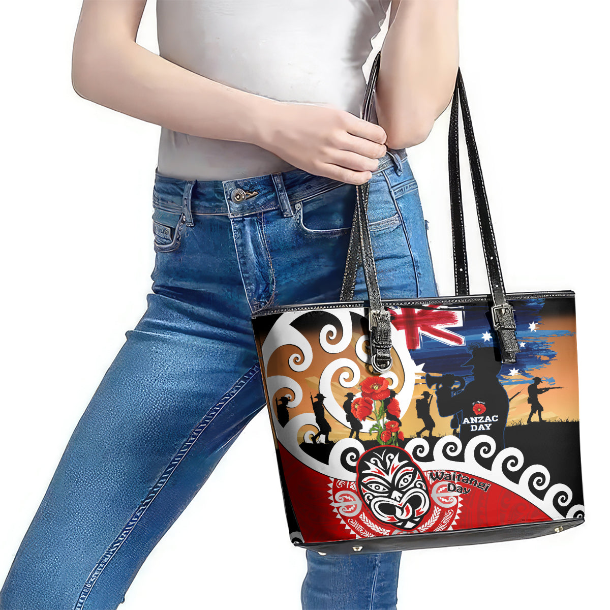 New Zealand Waitangi And ANZAC Day Leather Tote Bag Aotearoa Maori Tiki With Last Post LT14 - Polynesian Pride