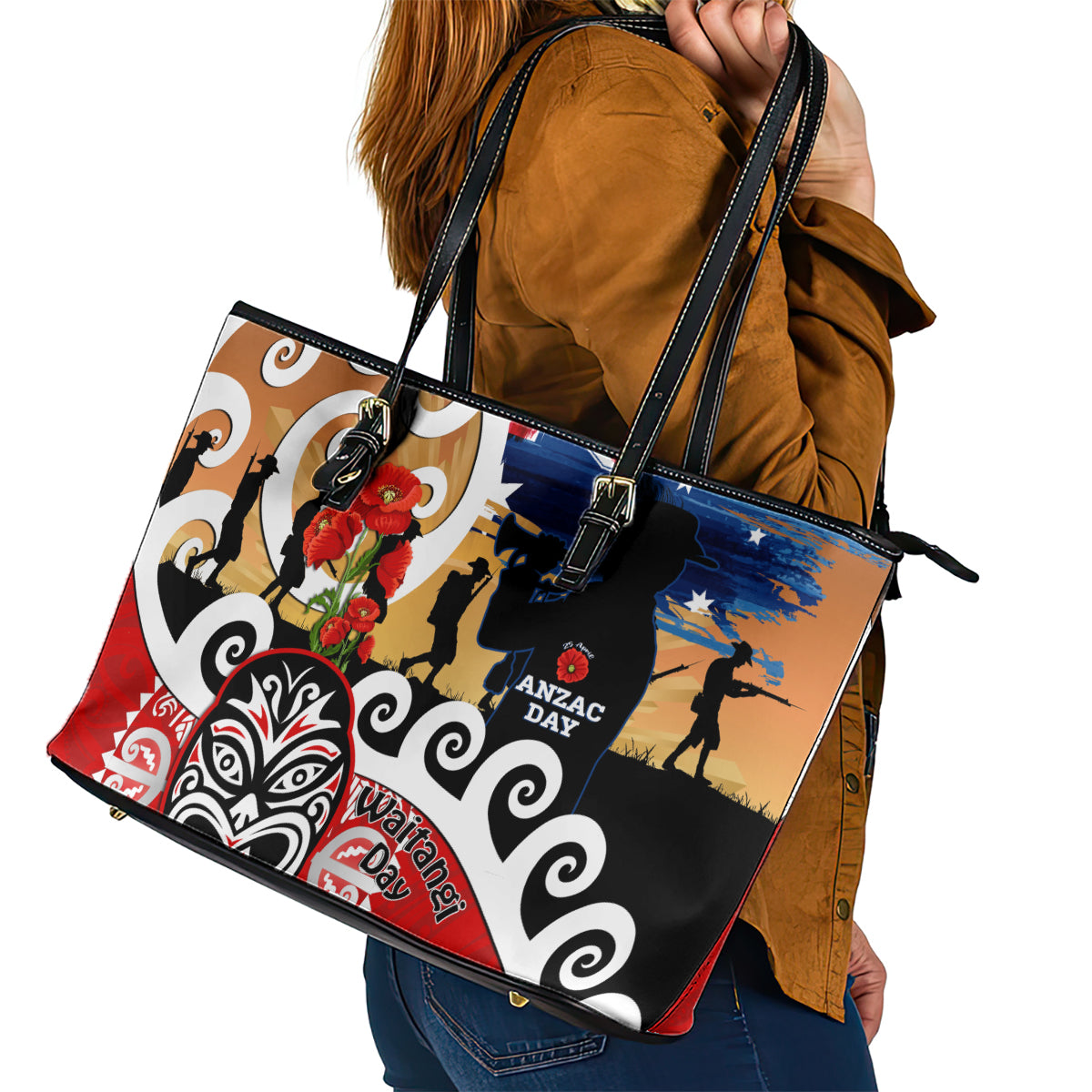 New Zealand Waitangi And ANZAC Day Leather Tote Bag Aotearoa Maori Tiki With Last Post LT14 - Polynesian Pride
