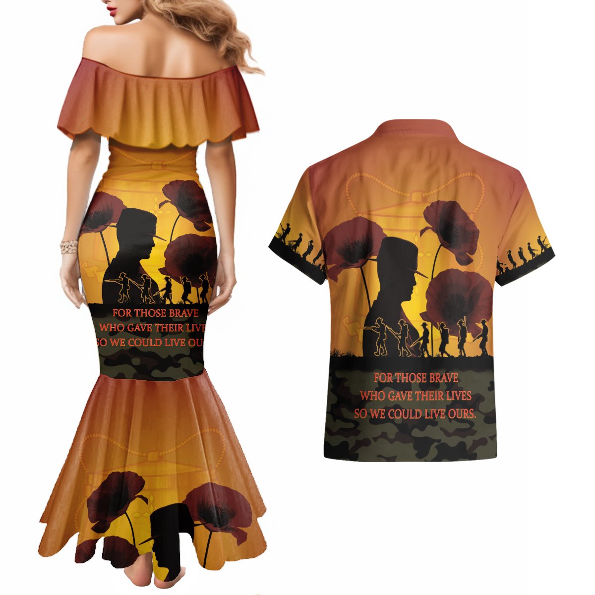 Tokelau ANZAC Day Couples Matching Mermaid Dress and Hawaiian Shirt Camouflage With Poppies Lest We Forget LT14 - Polynesian Pride