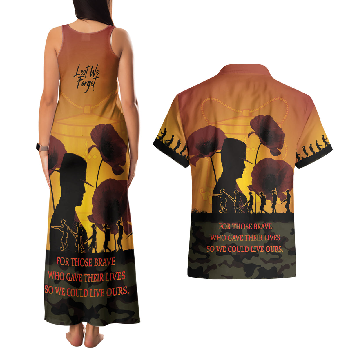 Tokelau ANZAC Day Couples Matching Tank Maxi Dress and Hawaiian Shirt Camouflage With Poppies Lest We Forget LT14 - Polynesian Pride