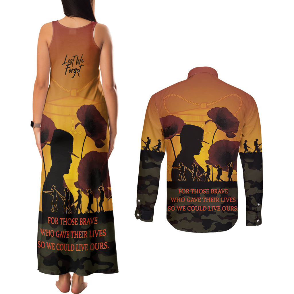 Tokelau ANZAC Day Couples Matching Tank Maxi Dress and Long Sleeve Button Shirt Camouflage With Poppies Lest We Forget LT14 - Polynesian Pride