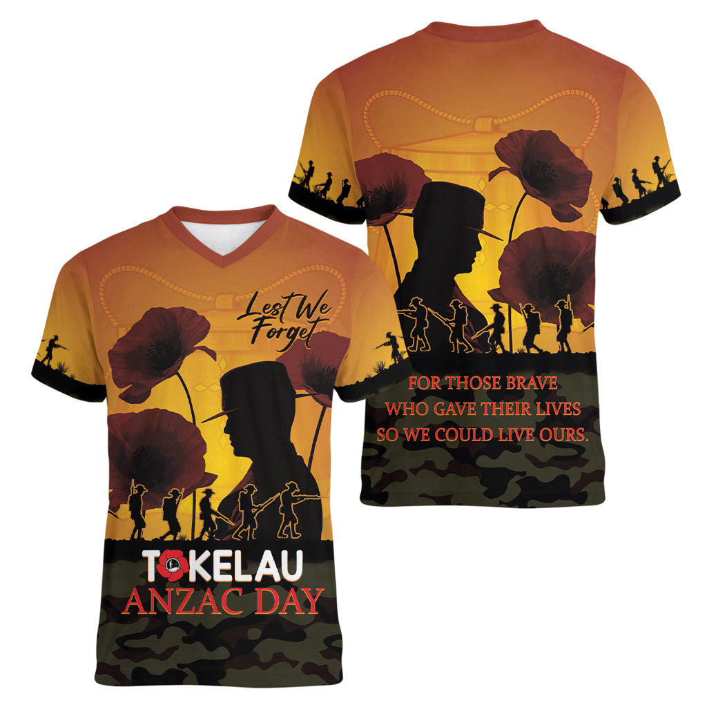 Tokelau ANZAC Day Women V Neck T Shirt Camouflage With Poppies Lest We Forget LT14 - Polynesian Pride
