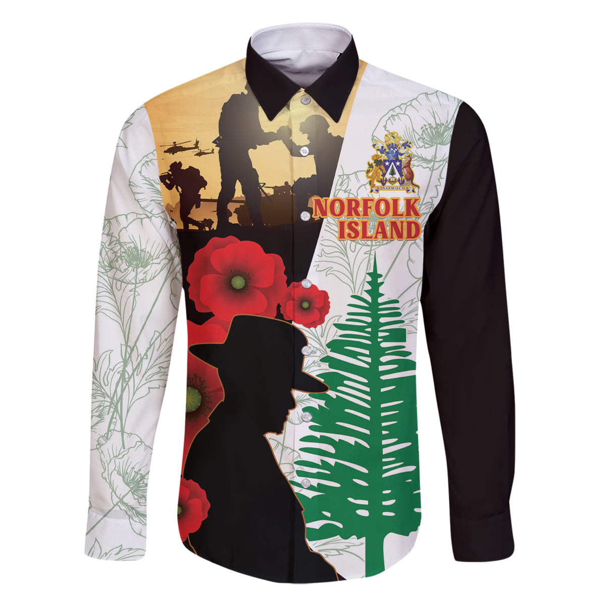 Norfolk Island ANZAC Day Family Matching Off Shoulder Maxi Dress and Hawaiian Shirt Pine Tree With Poppies Lest We Forget LT14 Dad's Shirt - Long Sleeve White - Polynesian Pride