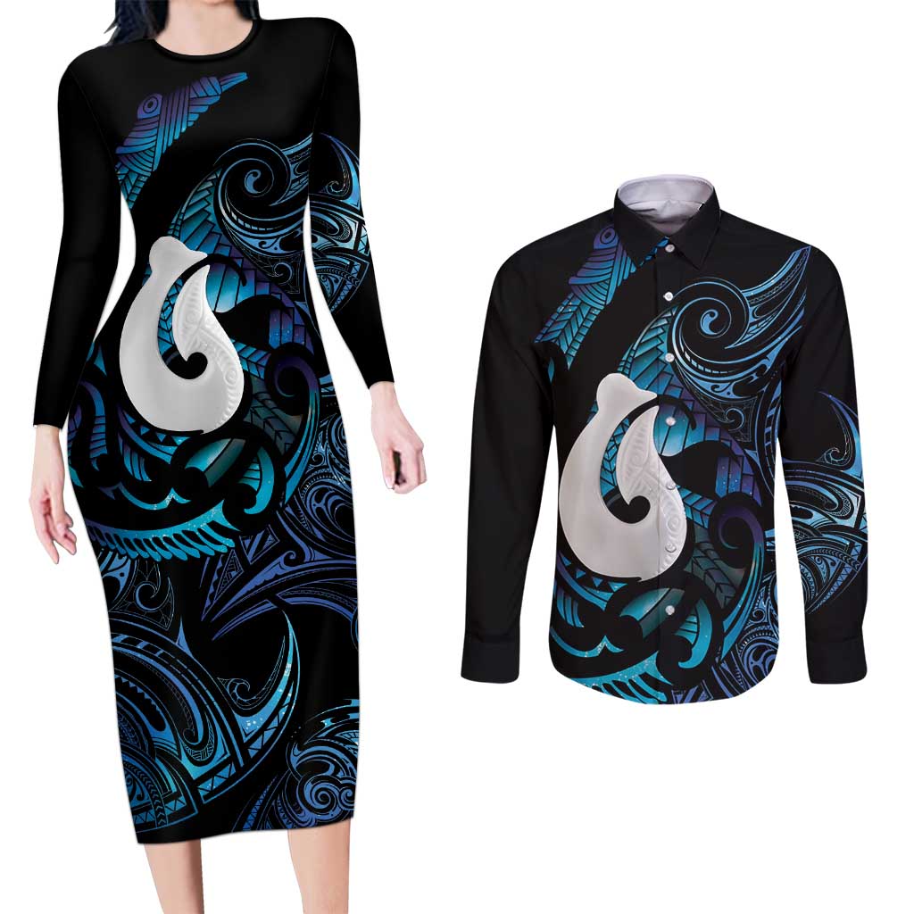 Hei Matau New Zealand Matariki Couples Matching Long Sleeve Bodycon Dress and Long Sleeve Button Shirt NZ Fish Hook Maori Art LT14 Purple - Polynesian Pride
