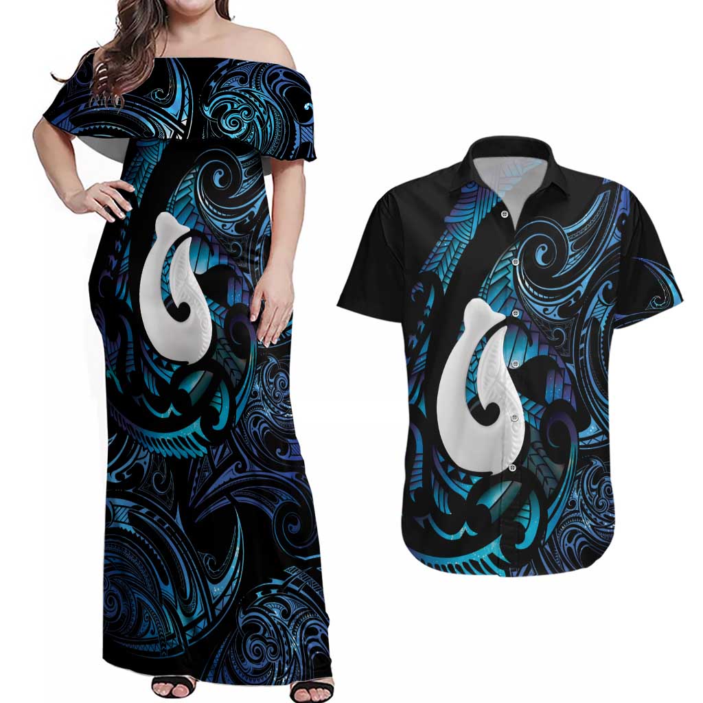 Hei Matau New Zealand Matariki Couples Matching Off Shoulder Maxi Dress and Hawaiian Shirt NZ Fish Hook Maori Art LT14 Purple - Polynesian Pride