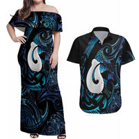 Hei Matau New Zealand Matariki Couples Matching Off Shoulder Maxi Dress and Hawaiian Shirt NZ Fish Hook Maori Art LT14 Purple - Polynesian Pride