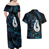 Hei Matau New Zealand Matariki Couples Matching Off Shoulder Maxi Dress and Hawaiian Shirt NZ Fish Hook Maori Art LT14 - Polynesian Pride