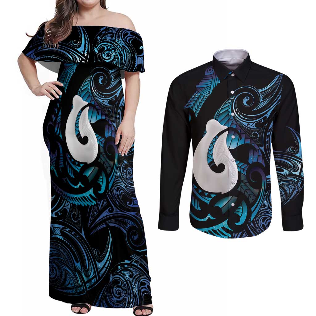 Hei Matau New Zealand Matariki Couples Matching Off Shoulder Maxi Dress and Long Sleeve Button Shirt NZ Fish Hook Maori Art LT14 Purple - Polynesian Pride